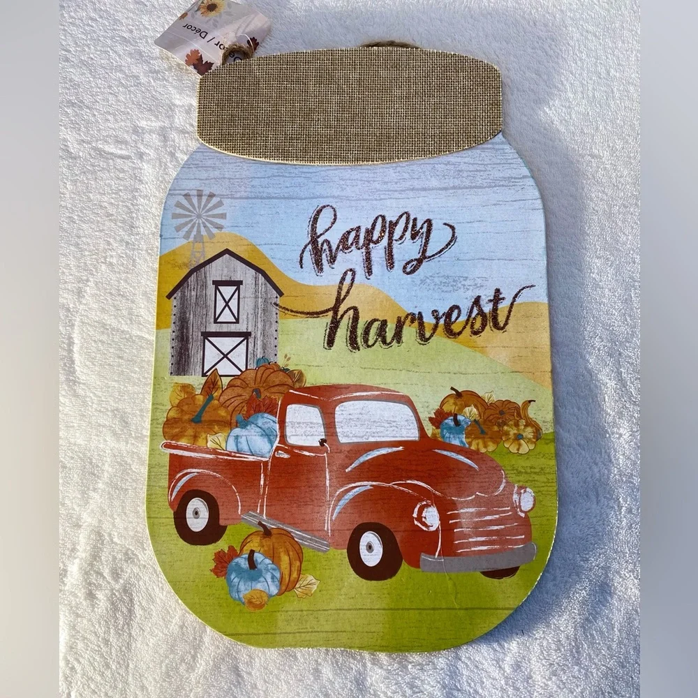NWT Autumn Fall Mason Jar Happy Harvest Red Truck Pumpkin Farm Wall Door Sign